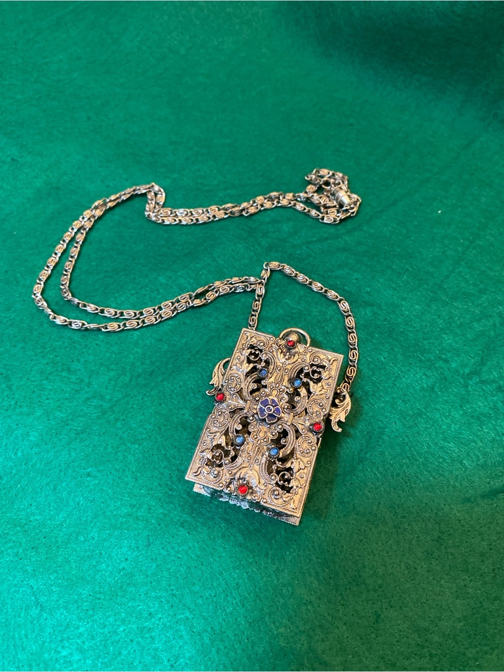 Vintage Gothic Book Locket Necklace Secret Compartment Silver Tone